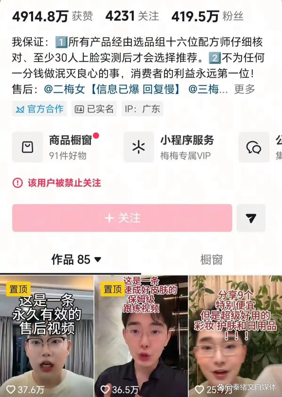 一夜蒸发190万粉丝，美妆顶流“画梅”的退网声明与账号诡异“禁止关注”状态 - 图片