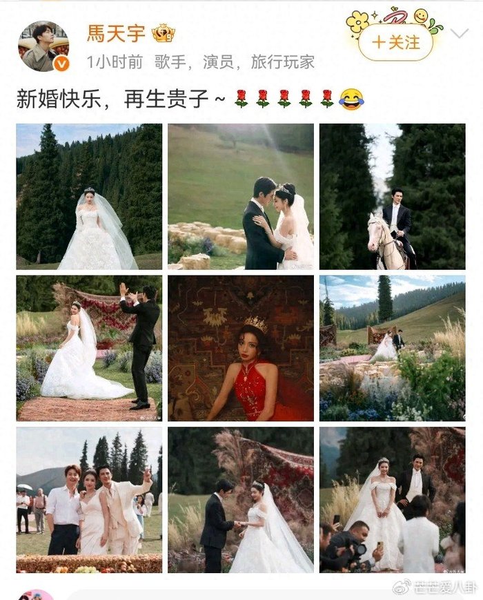 马天宇晒九宫格送新婚祝福 千里赴约见证老友新疆草原婚礼